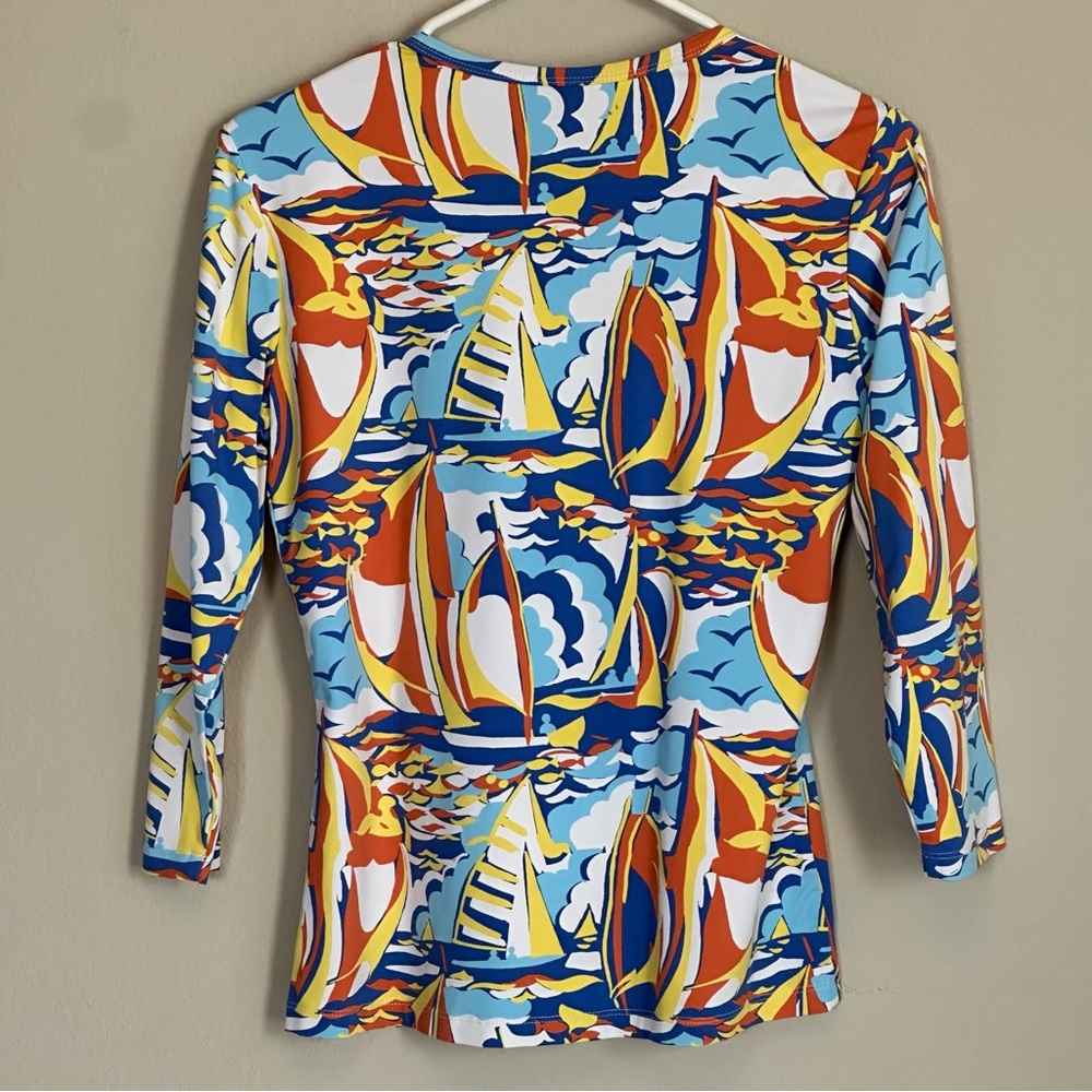 J McLaughlin Sailboat Catalina Stretch 3/4 Sleeve Top Size‎ Small Nautical - Picture 2 of 7